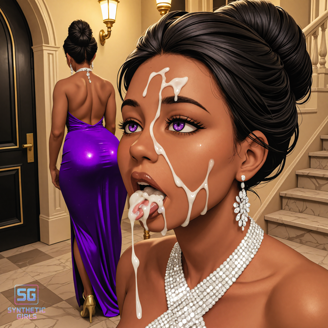 rina-and-asha-purple-evening-gown-cumshot